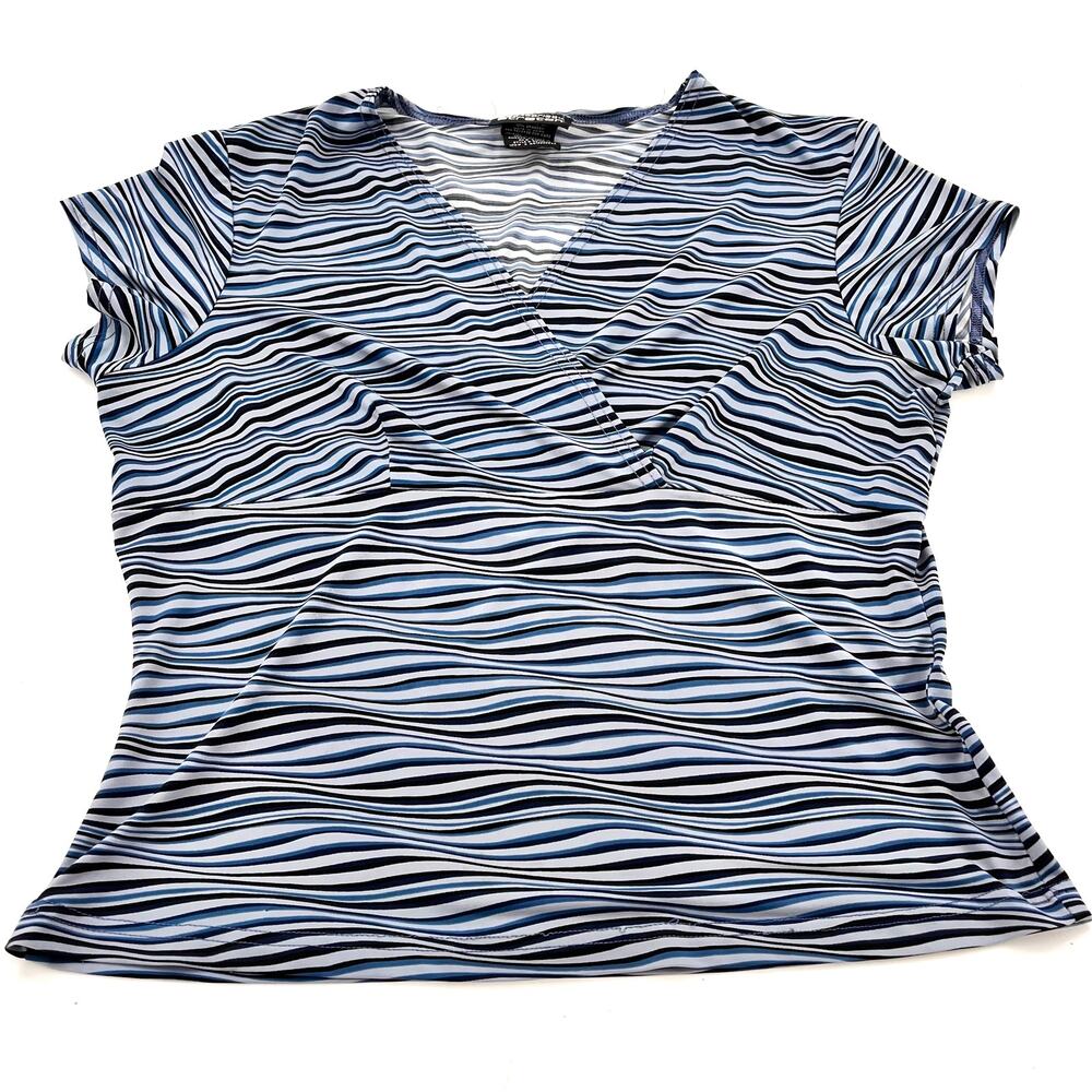 vintage junior top 90's 2000's wrap babydoll short sleeve stripe blouse blue XL